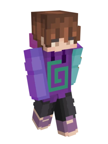 Karl's minecraft skin. He has light skin, light brown hair with bangs, and very light brown eyes. He wears a purple hoodie with a lime green swirl on the front. The sides of the sleeves are different colors. One sleeve has two different shades of purple, yellow, pink, and lime green. The other sleeve has teal, orange, red, and purple. On the back of the hoodie are the initials KJ. He wears baggy black pants and purple high tops.